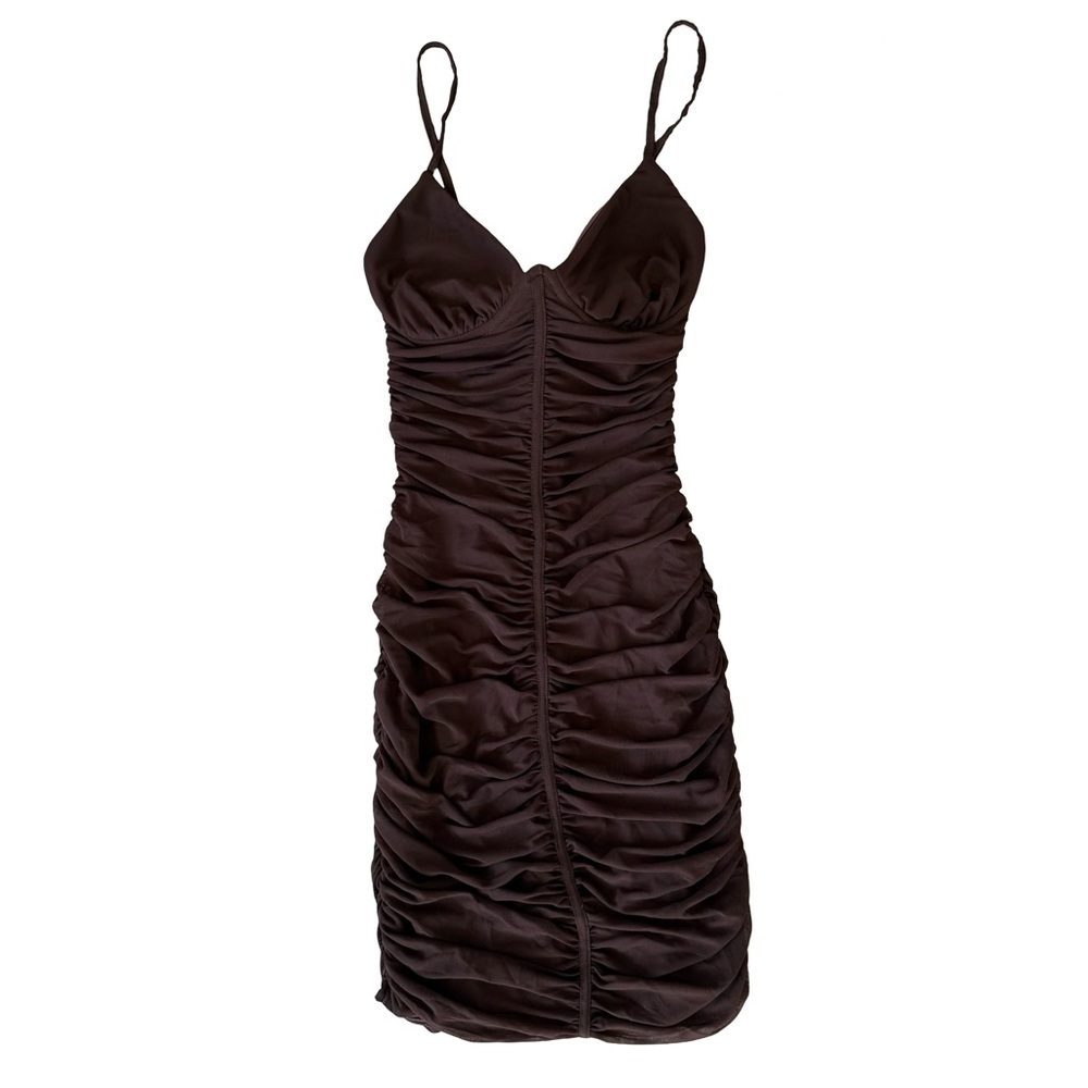 Bodycon V Neck Brown Mini Dress Sleeveless Party Cocktail Clubwear Womens Small - Picture 8 of 8
